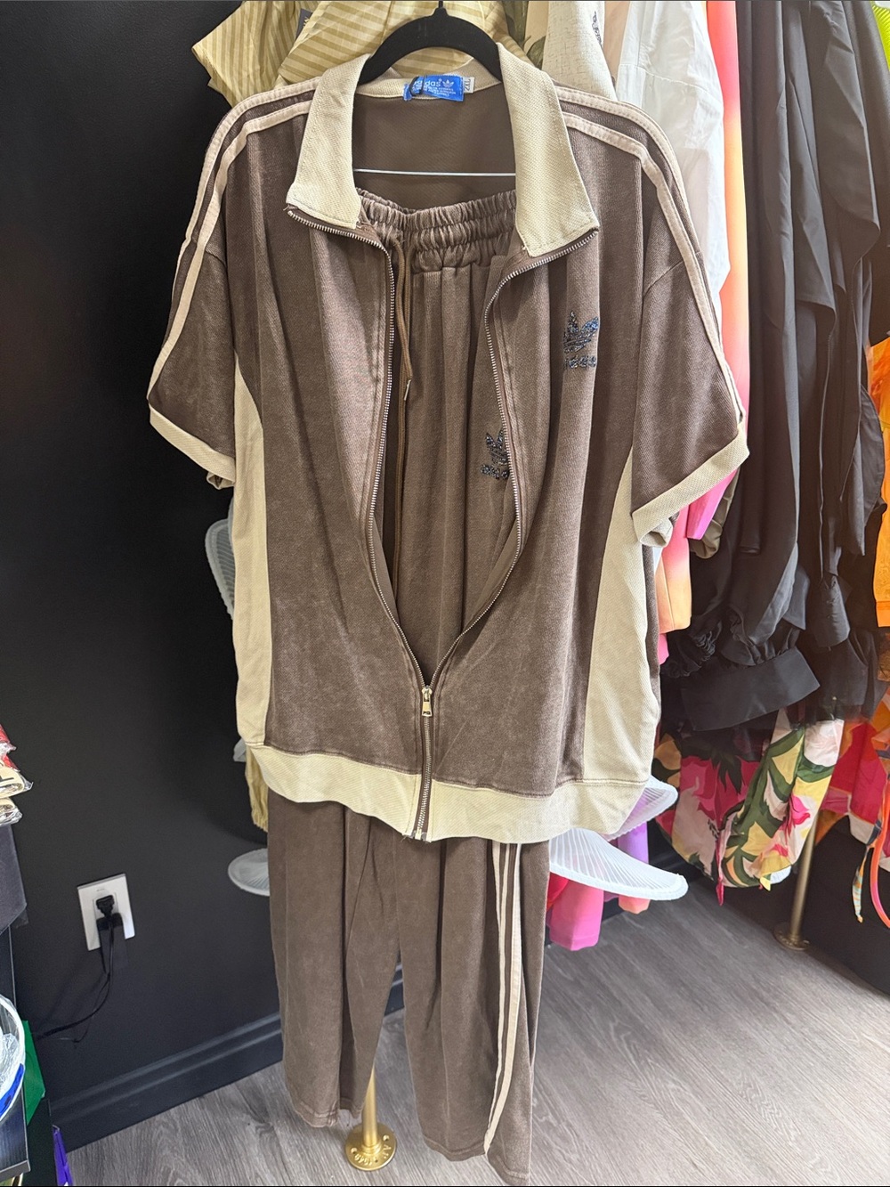 adidas Brown and Cream Velour Track Set - Women's